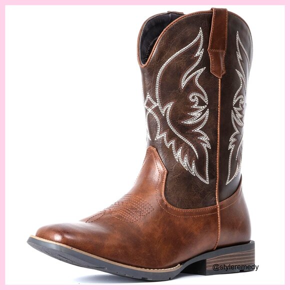Men's Square Toe Western Boots Slip Resistant Pull On Cowboy Boots